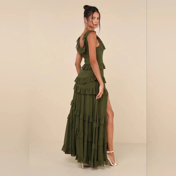 Lulus Compelling Romantic Olive Green Ruffled Tiered Maxi Dress Party Wedding - Picture 4 of 9